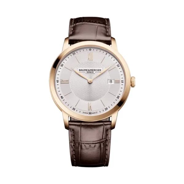 Baume & Mercier Montre Baume et Mercier Classima quartz cadran argenté bracelet marron 40 mm