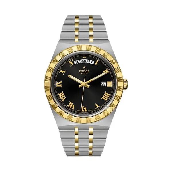 Tudor Montre Tudor Royal automatique lunette or jaune cadran noir bracelet acier et or jaune 41 mm