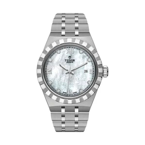 Tudor Montre Tudor Royal automatique index diamants cadran nacre blanche bracelet acier 28 mm