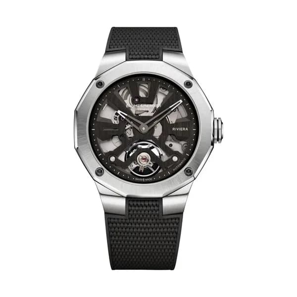 Baume & Mercier Montre Baume et Mercier Riviera automatique cadran squelette bracelet caoutchouc noir 42 mm