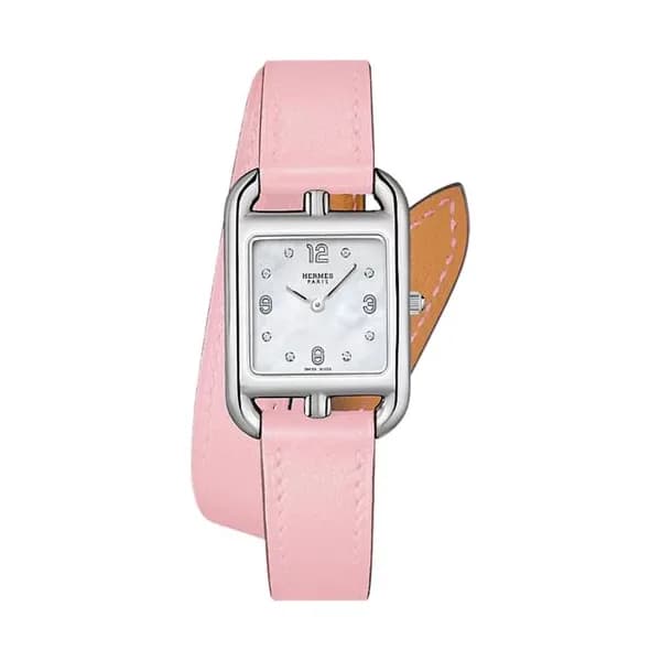 Hermès Montre HERMÈS Cape Cod Petit Modèle quartz cadran nacre serti bracelet double tour cuir rose 31 mm