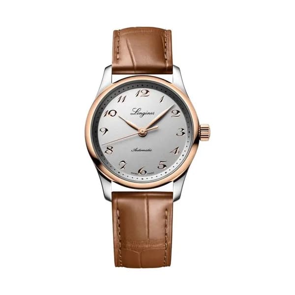 Longines Montre Longines Master Collection auto acier et coiffe or rose cadran argent bracelet cuir marron 34 mm