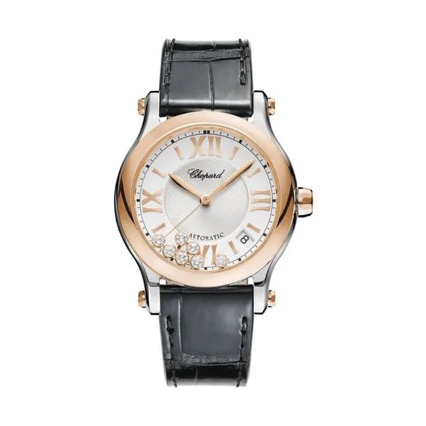 Chopard Montre Chopard Happy Sport automatique lunette or rose cadran argent bracelet cuir noir 36 mm