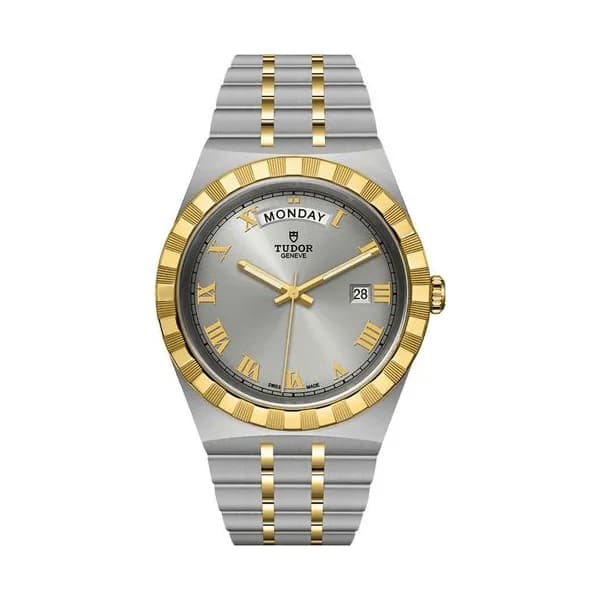 Tudor Montre Tudor Royal automatique guichet jour cadran argenté bracelet acier et or jaune 41 mm