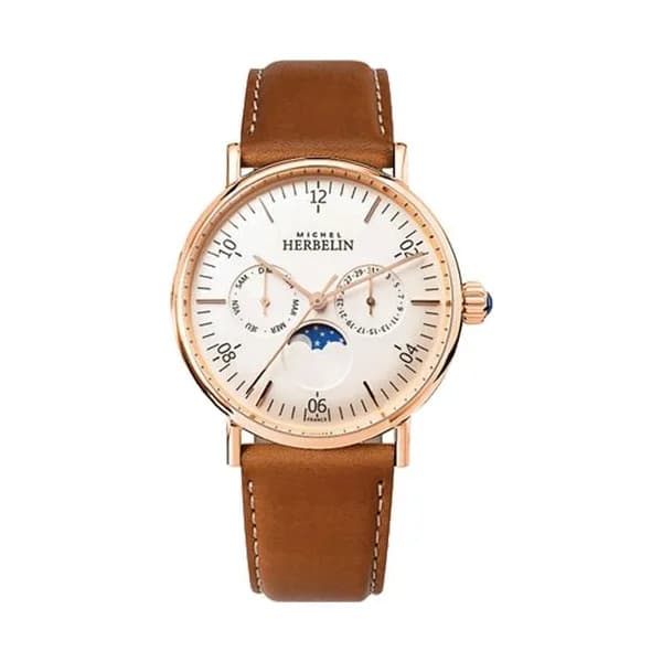 Michel Herbelin Montre Michel Herbelin Inspiration PVD Or rose quartz phase de lune cadran blanc bracelet cuir brun 38 mm