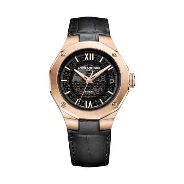Baume & Mercier Montre Baume et Mercier Riviera Or Rose automatique cadran noir transparent bracelet cuir 39 mm