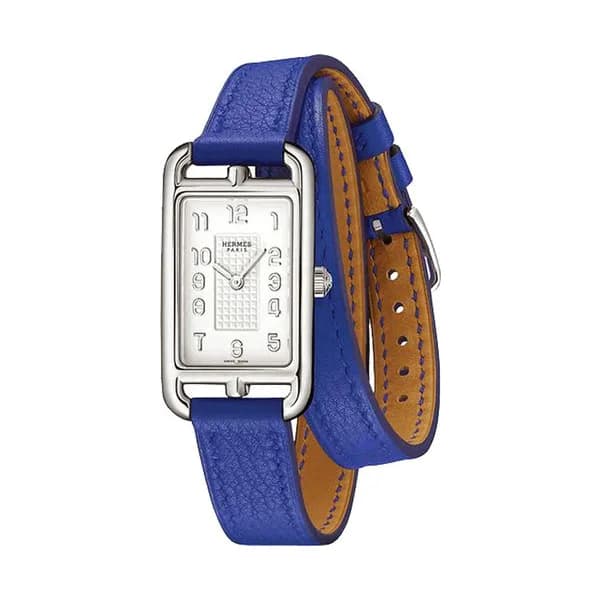 Hermès Montre HERMÈS Nantucket Petit Modèle quartz cadran argenté bracelet cuir double tour bleu 20 x 27 mm