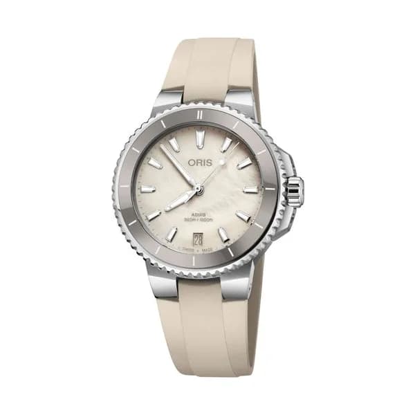Oris Montre Oris Plongée Aquis Date Calibre 733 automatique cadran nacre blanche bracelet caoutchouc créme 36,5 mm