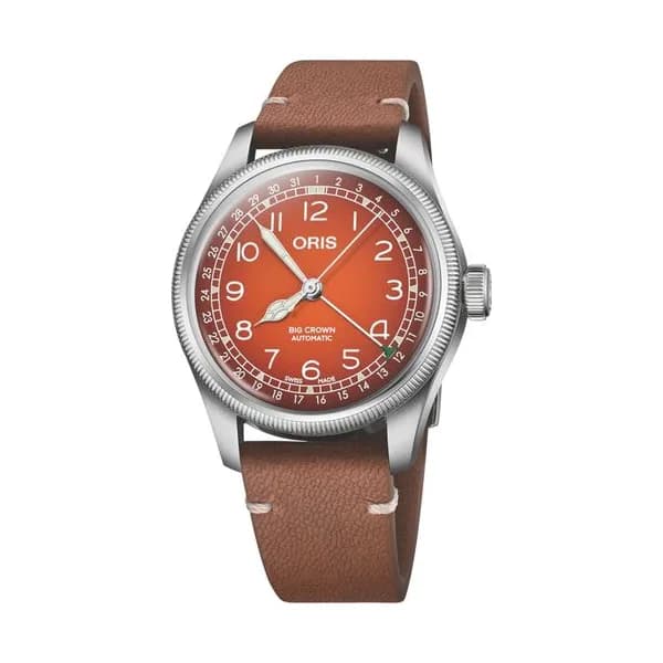 Oris Montre Oris X Cervo Volante Big Crown Pointer Date automatique cadran orange bracelet cuir 40 mm