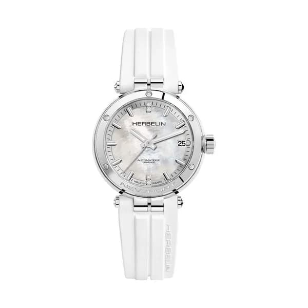 Michel Herbelin Montre Herbelin Newport automatique cadran nacre bracelet caoutchouc blanc 35 mm