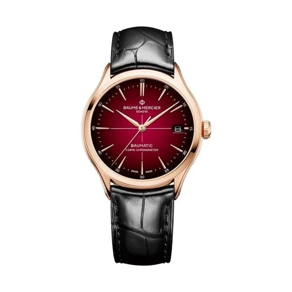 Baume & Mercier Montre Baume et Mercier Clifton Baumatic Or rose automatique cadran bordeaux bracelet cuir noir 39 mm