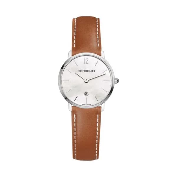 Michel Herbelin Montre Michel Herbelin City quartz cadran nacre blanche bracelet cuir brun 30,50 mm