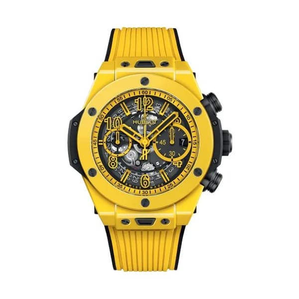 Hublot Montre Hublot Big Bang Unico Yellow Magic automatique cadran squelette bracelet caoutchouc jaune 44 mm