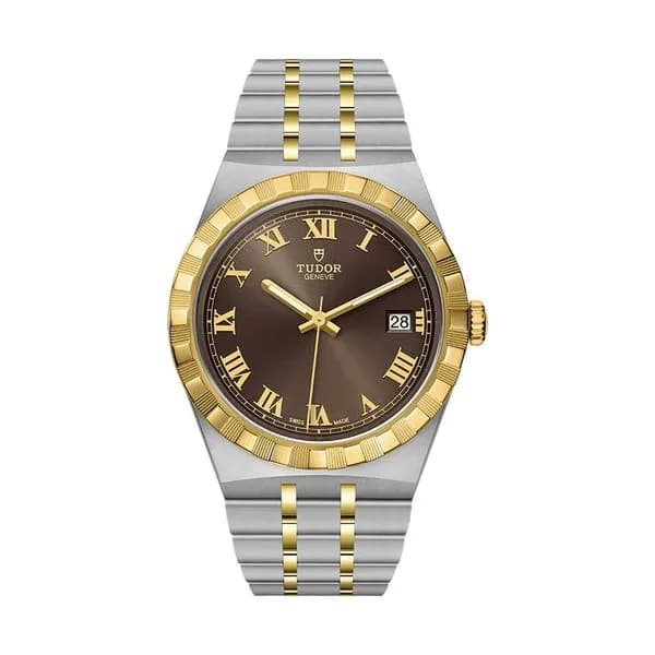 Tudor Montre Tudor Royal automatique lunette or jaune cadran chocolat bracelet acier et or jaune 38 mm