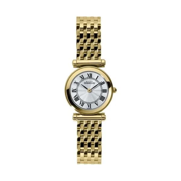 Michel Herbelin Montre Michel Herbelin Antarès quartz cadran blanc chiffres romains bracelet acier PVD or jaune 29 mm