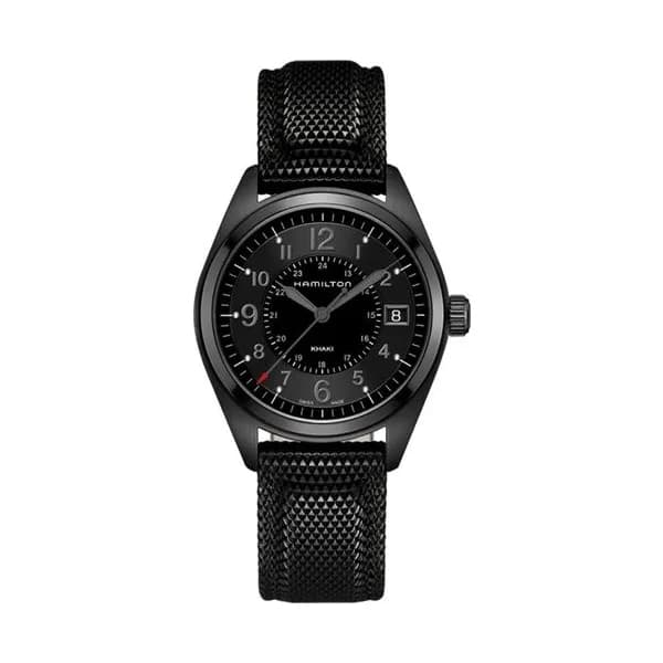 Hamilton Montre Hamilton Khaki Field cadran noir bracelet caoutchouc noir 40 mm