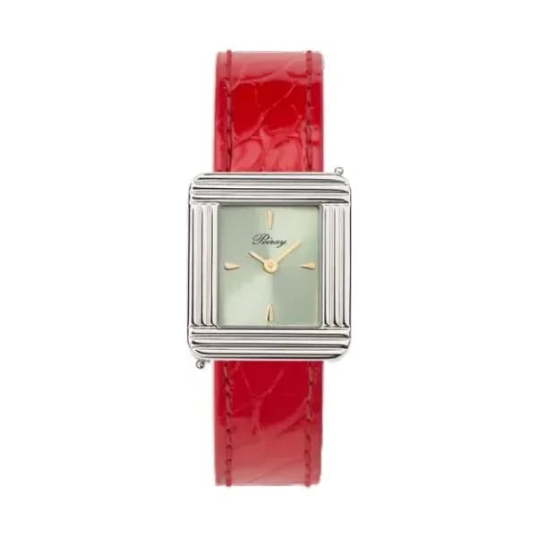 Poiray Montre Poiray Ma Première Acier Cadran Vert Bracelet Alligator Rouge