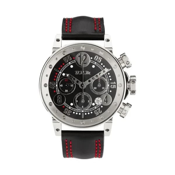 B.R.M Montre BRM V12 automatique inox cadran noir bracelet cuir noir 44 mm