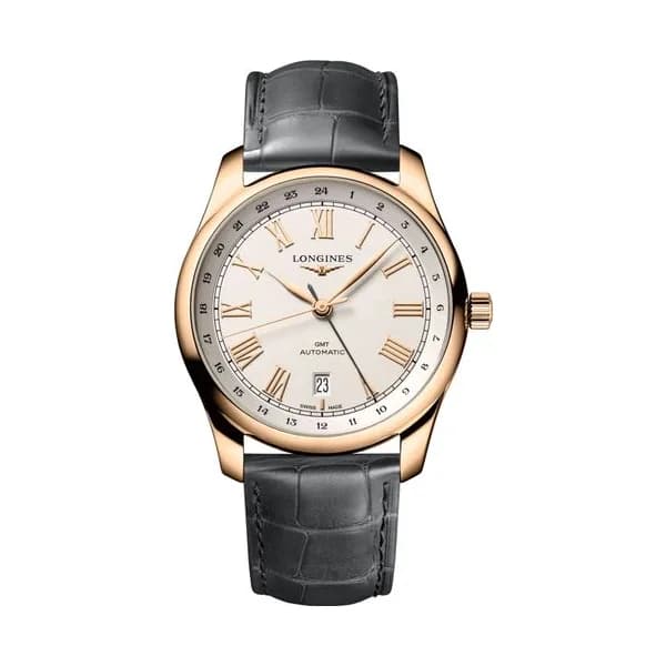 Longines Montre Longines Master Collection GMT Or Rose automatique cadran argent bracelet cuir gris 40 mm