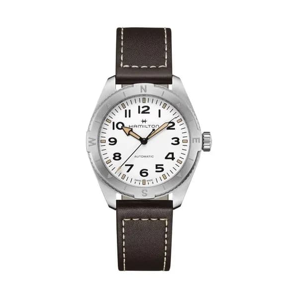 Hamilton Montre Hamilton Khaki Field Expedition automatique cadran blanc bracelet cuir marron 41 mm