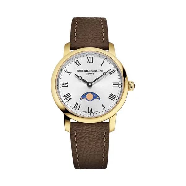 Frédérique Constant Montre Frédérique Constant Classics Slimline Ladies Moonphase quartz PVD or jaune cadran argenté bracelet cuir 30 mm