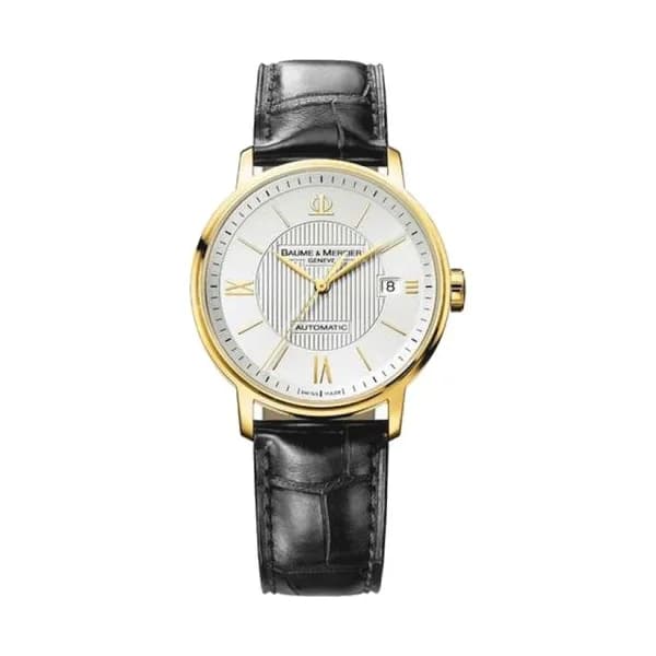 Baume & Mercier Montre Baume et Mercier Classima Or Jaune automatique cadran argenté bracelet cuir noir 39 mm