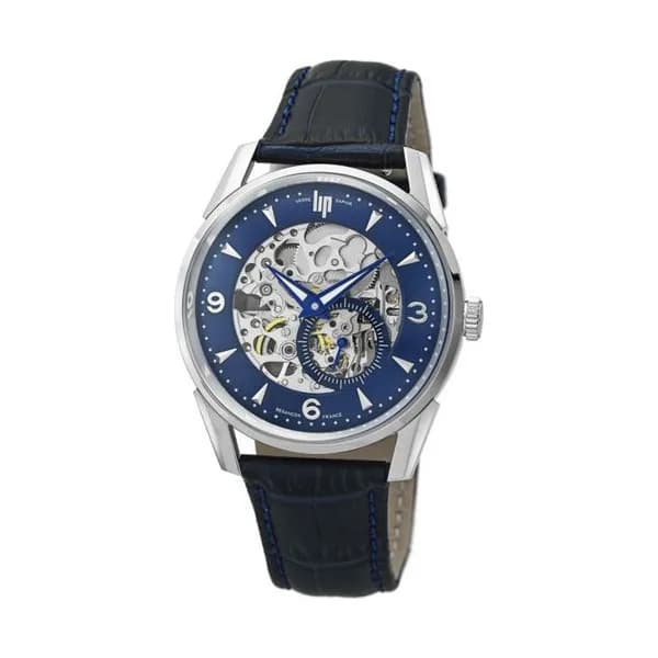 Lip Montre Lip Himalaya Squelette automatique cadran argent bracelet cuir bleu 40 mm