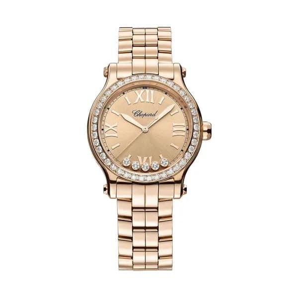 Chopard Montre Chopard Happy Sport Or Rose automatique lunette sertie cadran doré bracelet or rose 33 mm