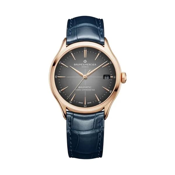 Baume & Mercier Montre Baume et Mercier Clifton COSC Or Rose automatique cadran gris bracelet cuir bleu 39 mm