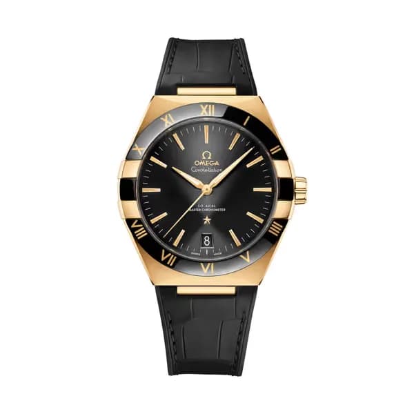 Omega Constellation 41 mm, or jaune sur bracelet en cuir