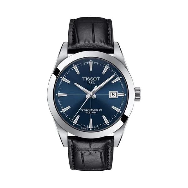 Tissot Montre Tissot T-Classic Gentleman Powermatic 80 cadran bleu bracelet cuir noir 40 mm