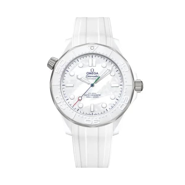 Omega Seamaster 43,5 mm, céramique blanche - titane sur bracelet caoutchouc