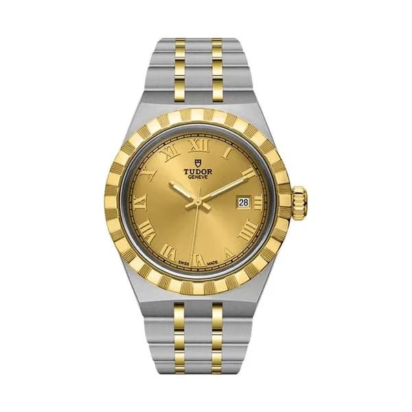 Tudor Montre Tudor Royal automatique index chiffres romains cadran champagne bracelet acier et or jaune 28 mm