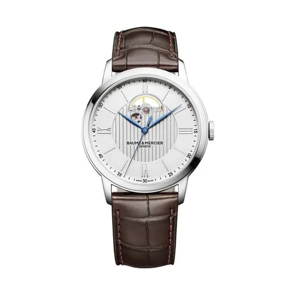 Baume & Mercier Montre Baume et Mercier Classima automatique cadran argenté bracelet cuir alligator brun 42 mm