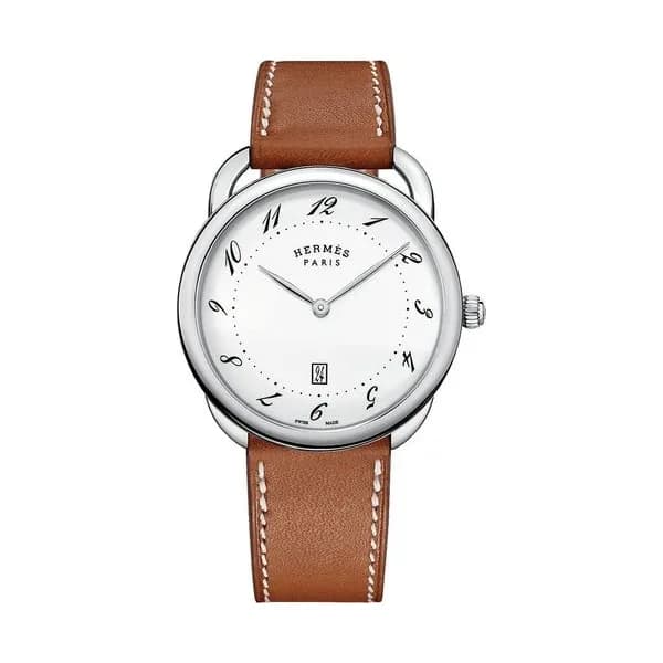 Hermès Montre HERMÈS Arceau Grand Modèle quartz cadran laqué blanc bracelet cuir marron 40 mm