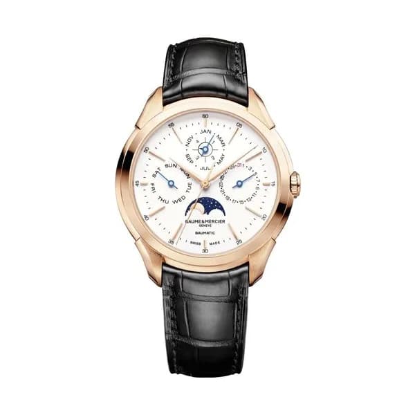 Baume & Mercier Montre Baume et Mercier Clifton Or Rose Calendrier Perpétuel automatique cadran blanc bracelet cuir noir 42 mm