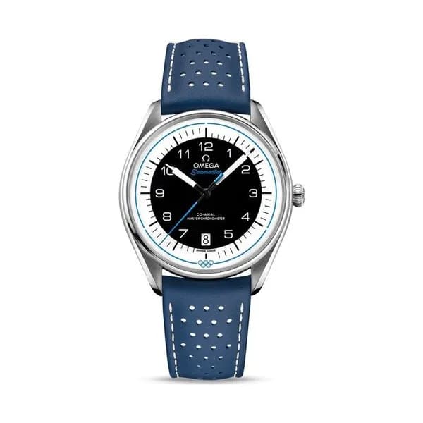 Omega Montre Omega Seamaster Jeux Olympiques cadran blanc bracelet cuir bleu Edition limitée 2032 ex. 39,5 mm