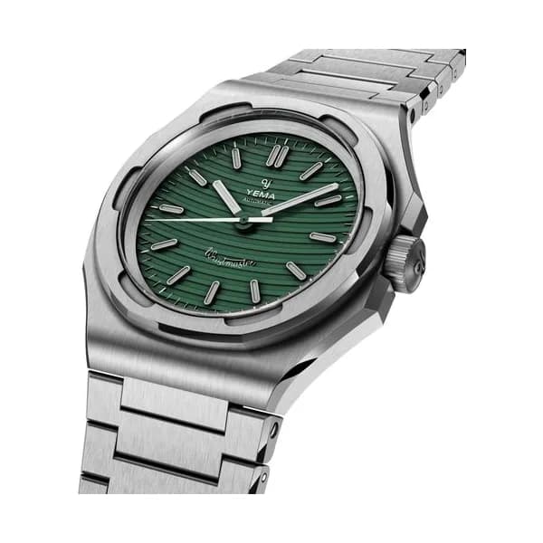 Yema Montre Yema Wristmaster Traveller Micro-Rotor automatique cadran vert bracelet acier 39 mm