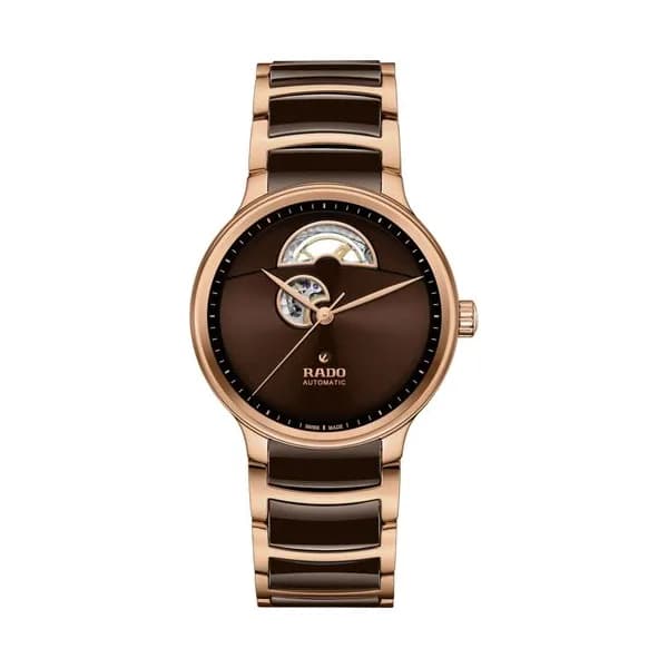 Rado Montre Rado Centrix Open Heart automatique cadran brun bracelet acier PVD or rose et céramique brune 39,5 mm
