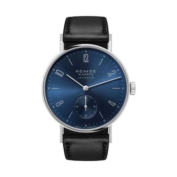 Nomos Montre Nomos Tangente Neomatik Or Bleu automatique fond saphir cadran galvanisé bleu bracelet cuir noir 35 mm