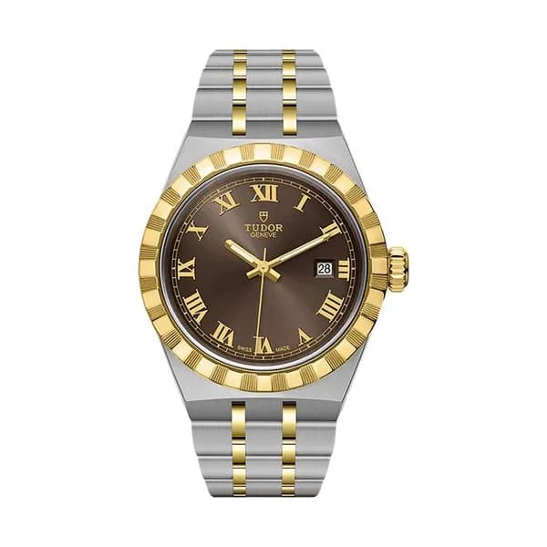 Tudor Montre Tudor Royal automatique lunette or jaune cadran chocolat bracelet acier et or jaune 28 mm