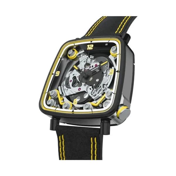 B.R.M Montre B.R.M FF39-40 automatique titane PVD noir couronne laque jaune cadran squelette bracelet cuir Alcantara noir 40 mm