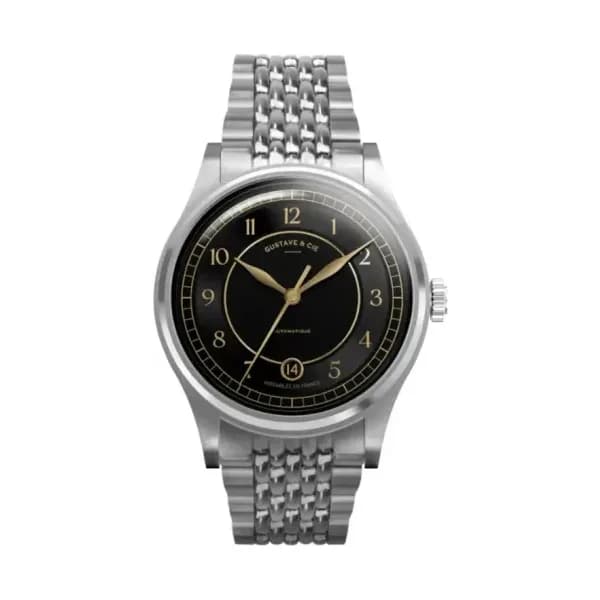 Gustave & Cie Montre 12H Charles Argent & Noir Grain de Riz 38mm