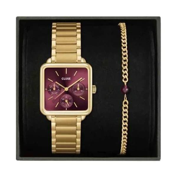 Cluse Coffret Montre Cluse Tétragone Multifunction Watch Steel, Dark Cherry & Bead Bracelet, Gold Colour - - CG13801