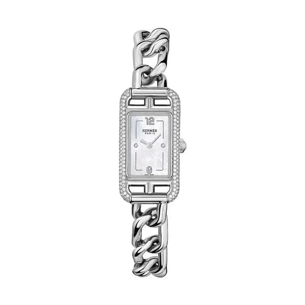 Hermès Montre HERMÈS Nantucket Petit Modèle quartz sertie cadran nacre blanche bracelet acier 17 mm