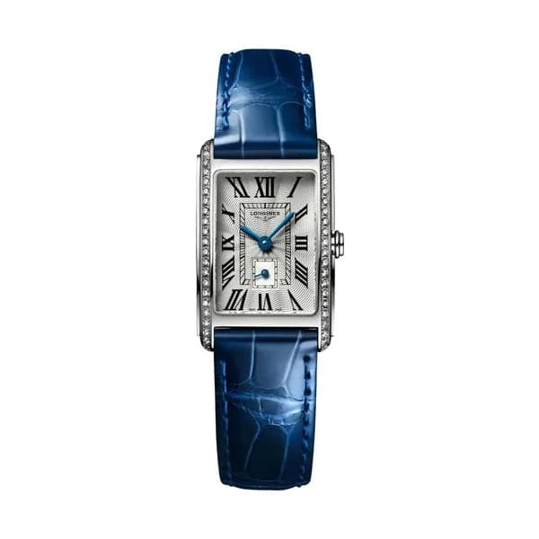 Longines Montre Longines DolceVita quartz cadran argent bracelet cuir croco bleu 20,80 x 32 mm