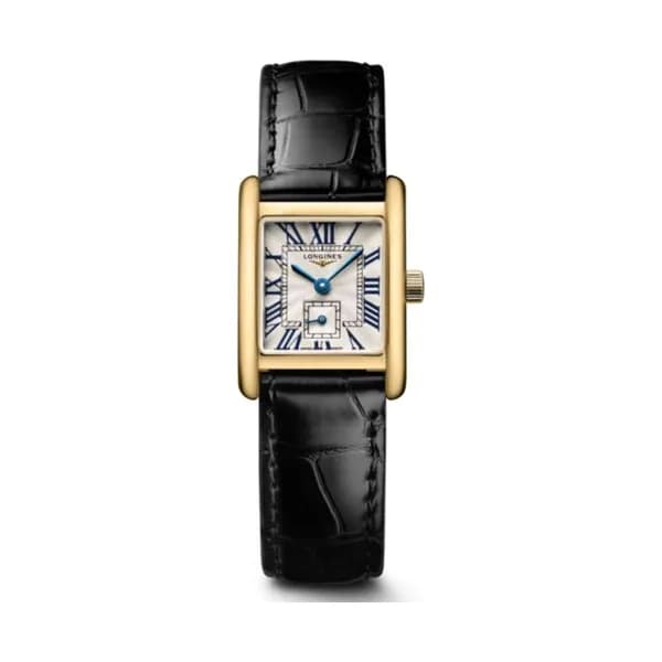 Longines Montre Longines Mini DolceVita quartz Or jaune cadran argent bracelet cuir noir 21,5 x 29 mm