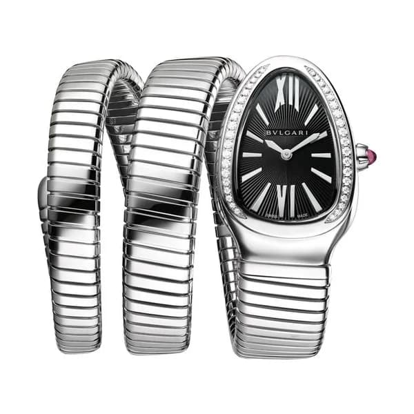 Bulgari Montre Bulgari Serpenti Tubogas quartz lunette sertie cadran noir bracelet acier double tour 35 mm