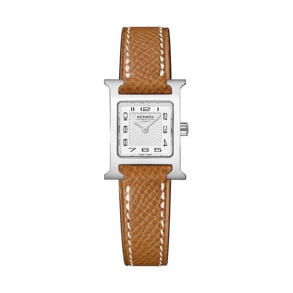 Hermès Montre HERMÈS Heure H Mini Modèle quartz cadran blanc bracelet cuir marron gold 21 mm