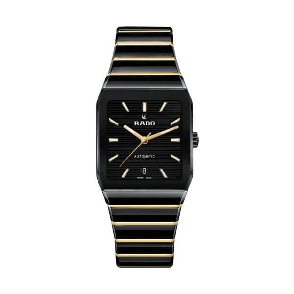 Rado Montre Rado Anatom automatique cadran noir bracelet acier PVD or jaune et céramique noire 32,5 mm